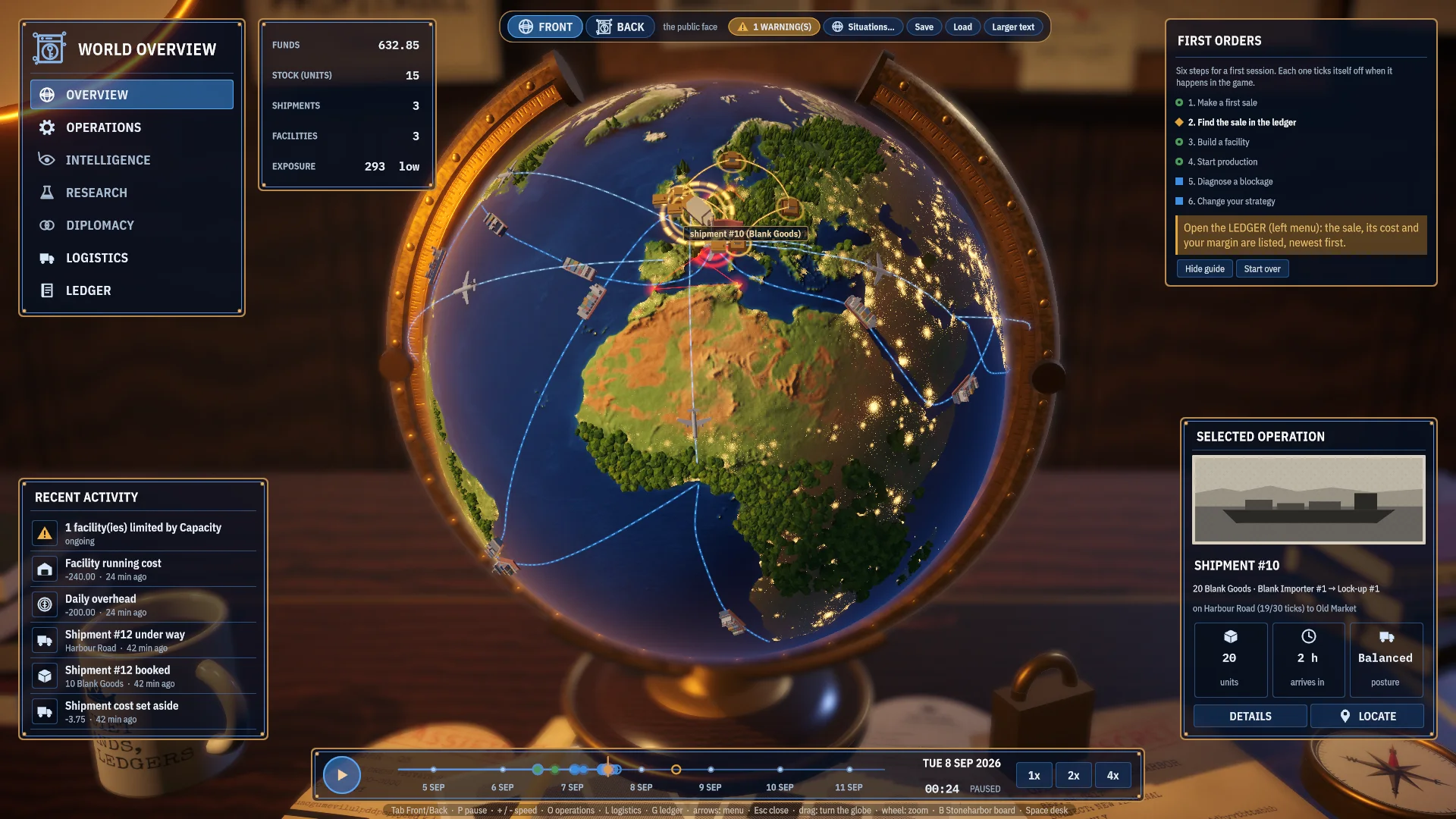 Contraband Empire development interface, with a globe and operational panels