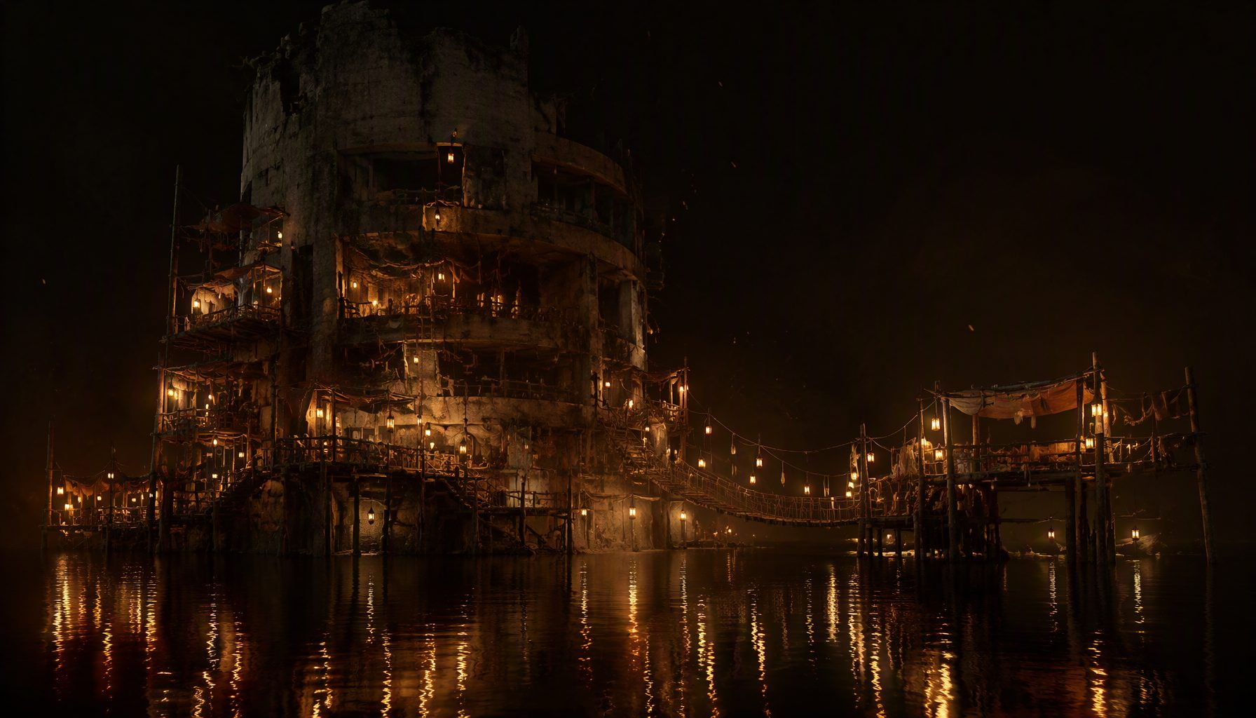 Key art for Frayed Scion: hanging lanterns of a stilt village built into a drowned tower, reflected in still water.